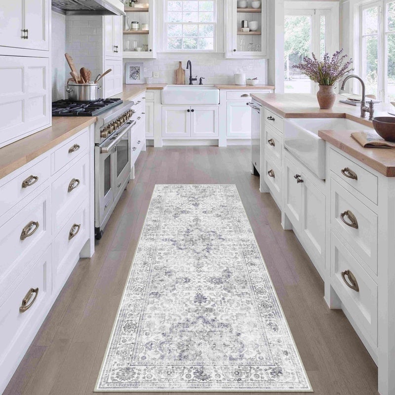 HUGEAR Washable Hallway 2x6 Runner Rugs Vintage Grey - Neutral Style Retro Distressed Non Slip Stain Resistant Low Pile Kids & Pet Friendly for Bedside Kitchen Entryway - Image 1