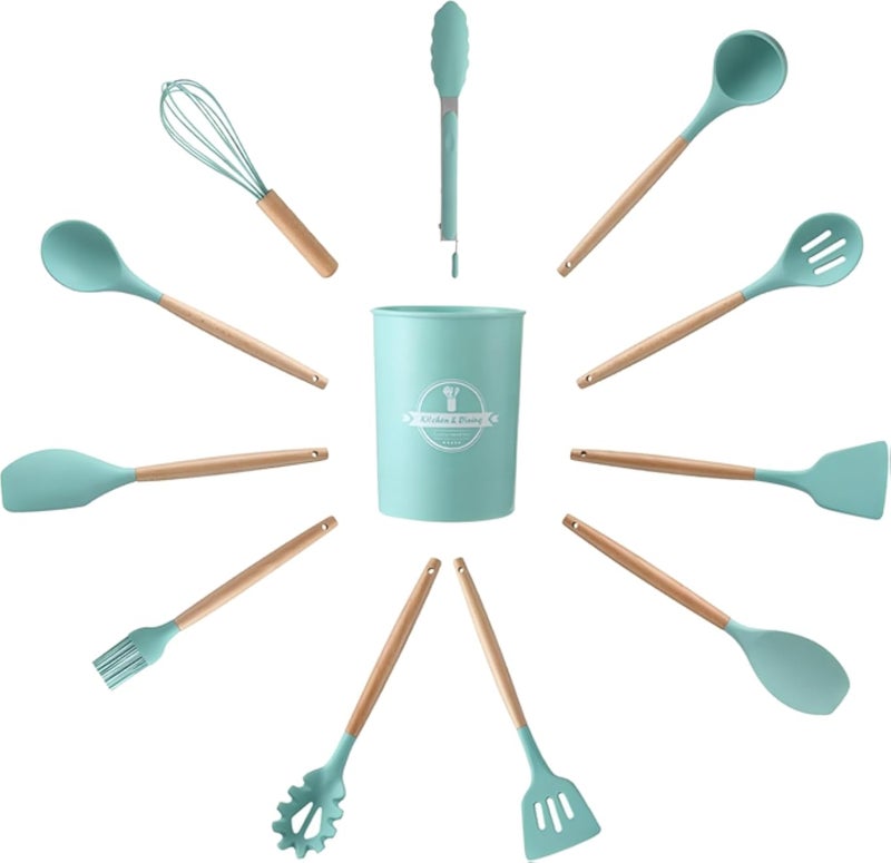 Kitchen Utensils, Silicone Cooking Utensils with Holder, Non-stick Cookware Friendly & Heat Resistant, Includes Spatula Tong Whisk Ladle Brush Slotted Turner Spoon, 12 PCS (Green)
