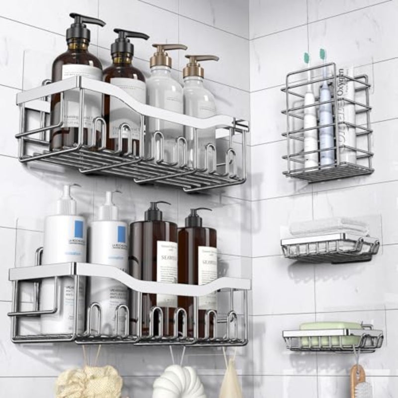 Adhesive Shower Caddy, 5 Pack Rustproof Stainless Steel Bath Organizers With Large Capacity, No Drilling Shelves for Bathroom Storage and Home Decor