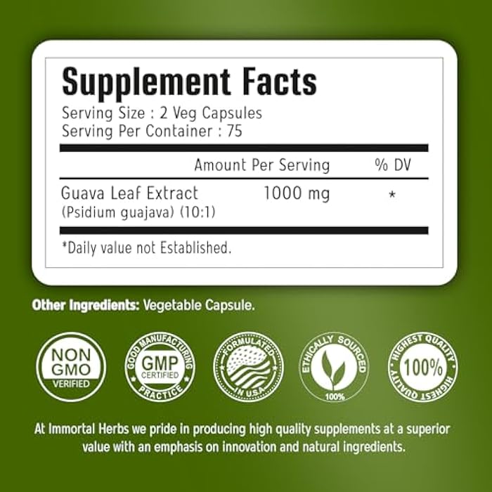 Immortal Herbs Guava Leaf Extract 1000mg, 10:1 Extra Strength, 150 Pills, Non-GMO & Gluten-Free Guava Extract Capsules for Women and Men - Image 2
