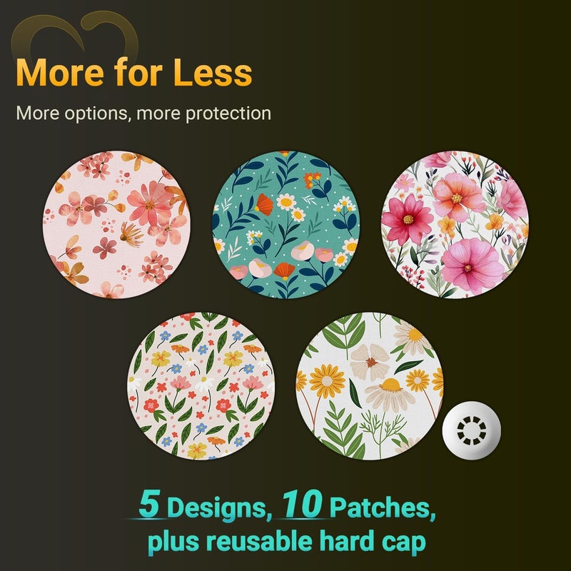 Amolyfe Libre 3 Sensor Covers Waterproof, Amolyfe 10 Pack Freestyle Libre 3 Plus Covers, Bump-Proof with Hard Cap, Breathable Latex Free Glucose Sensor CGM Adhesive Patches, 14-Day CGM Protection (G.Flower) - Image 2