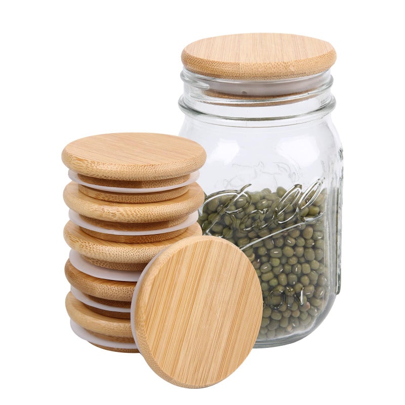 DingCo Mason Jar Lids - Reusable canning lids Bamboo mason jar Lids, Food Grade Material Silicone Sealing, 100% Fit & Airtight for Regular Mouth Mason Jars (6PCS Regular Lids, Bamboo) - Image 1