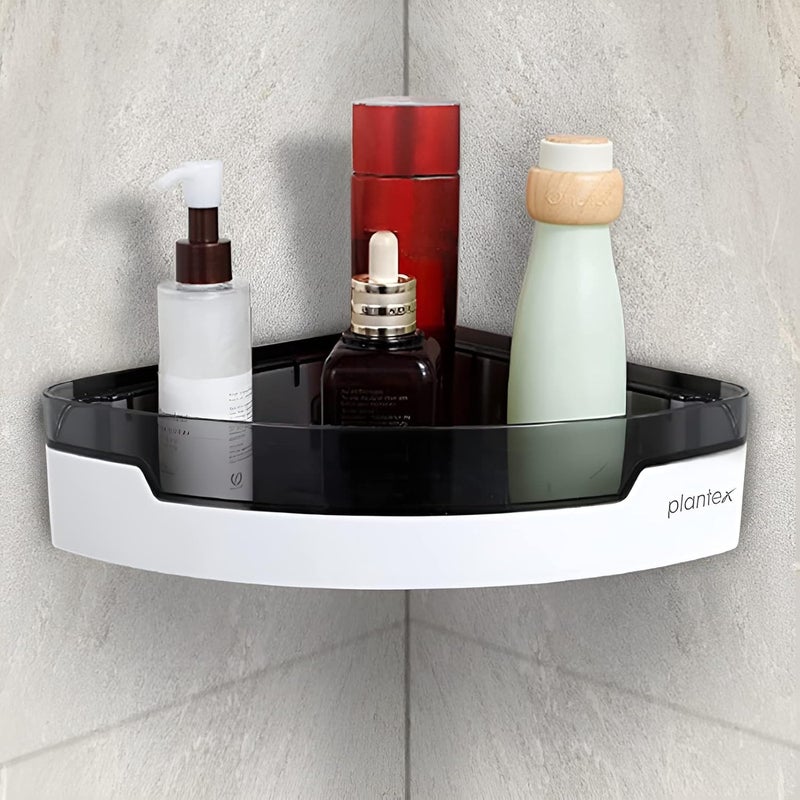 Plantex Corner Shelf for Bathroom Plastic/Unbreakable ABS Plastic Corner Shelf/Multipurpose Wall Mounted Corner Shelf/Plastic Corner Shelf for Bathroom with Removable Tray/(8x8 inches, Black & White) - Image 1