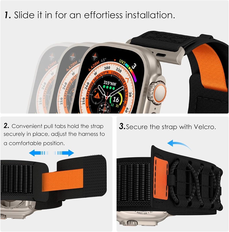 إكسفور حزام نايلون قوي من Excefore لساعة Apple Watch Ultra 2، متوافق مع موديلات 49مم، 45مم، 44مم، 42مم، حزام منسوج بحلقة رياضية فردية مع فيلكرو لسلسلة iWatch 9، 8، 7، SE، 6، Ultra، للرجال - Image 3