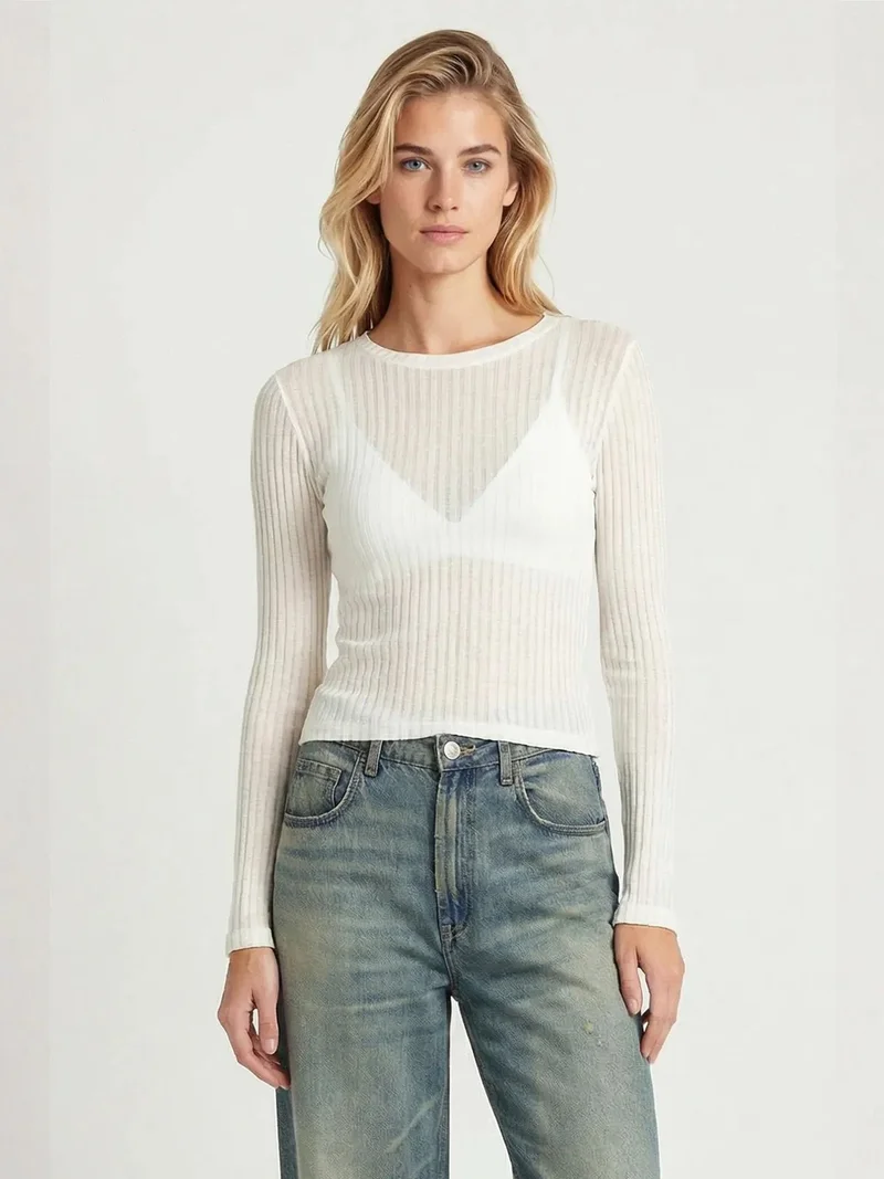 السعادة في إسطنبول ISTANBUL Ribbed Crew Neck Long Sleeve Crop Top