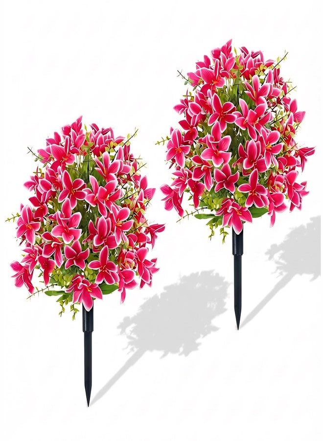 RETROSOHOO 2 Pack Artificial Flowers Topiary for Outdoor, Artificial Topiary Ball Trees Flowers with Lily, UV Resistant Faux Bushes Fake Silk Plants with Spike for Porch Indoor Garden Patio Porch (Rose Pink) - Image 1