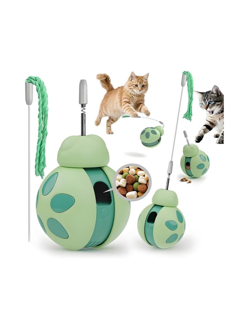 Healthy Slow Feeder Cat Bowl-Unknockable Design With Teaser Wand & Rolling Base, Slide-Back Feeding After Dispensing, Interactive Food Toy For Indoor Cats, Birthday Gift For Cats (Royal Green)​ - Image 1