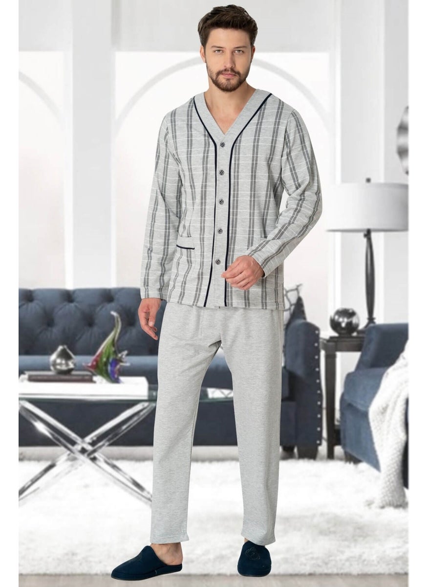 Mecit Pijama - Mecit 2767 Gray Front Buttoned Large Size Men's Pajama Set - Image 1