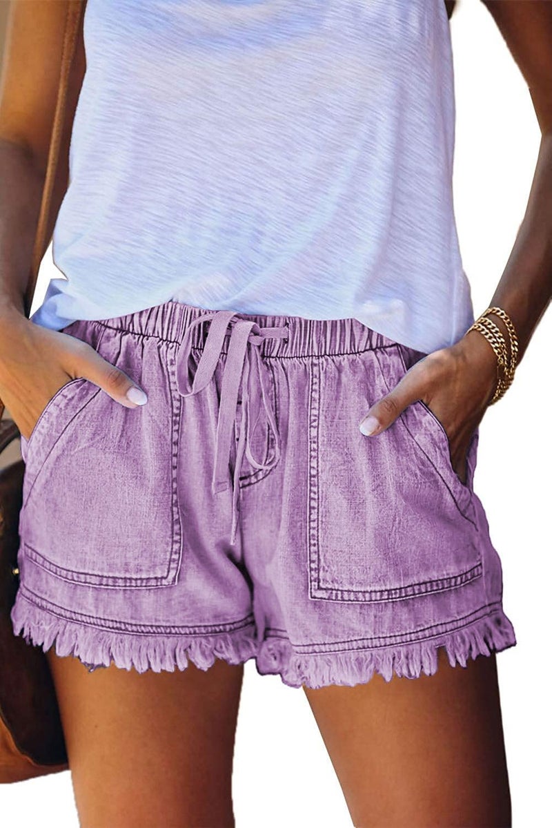 YOCUR Ladies Denim Shorts Cute Trendy Fringe Short Jeans Casual Vintage Hot Pants Loose Aesthetic Elastic Waist Denim Shorts Purple L - Image 1