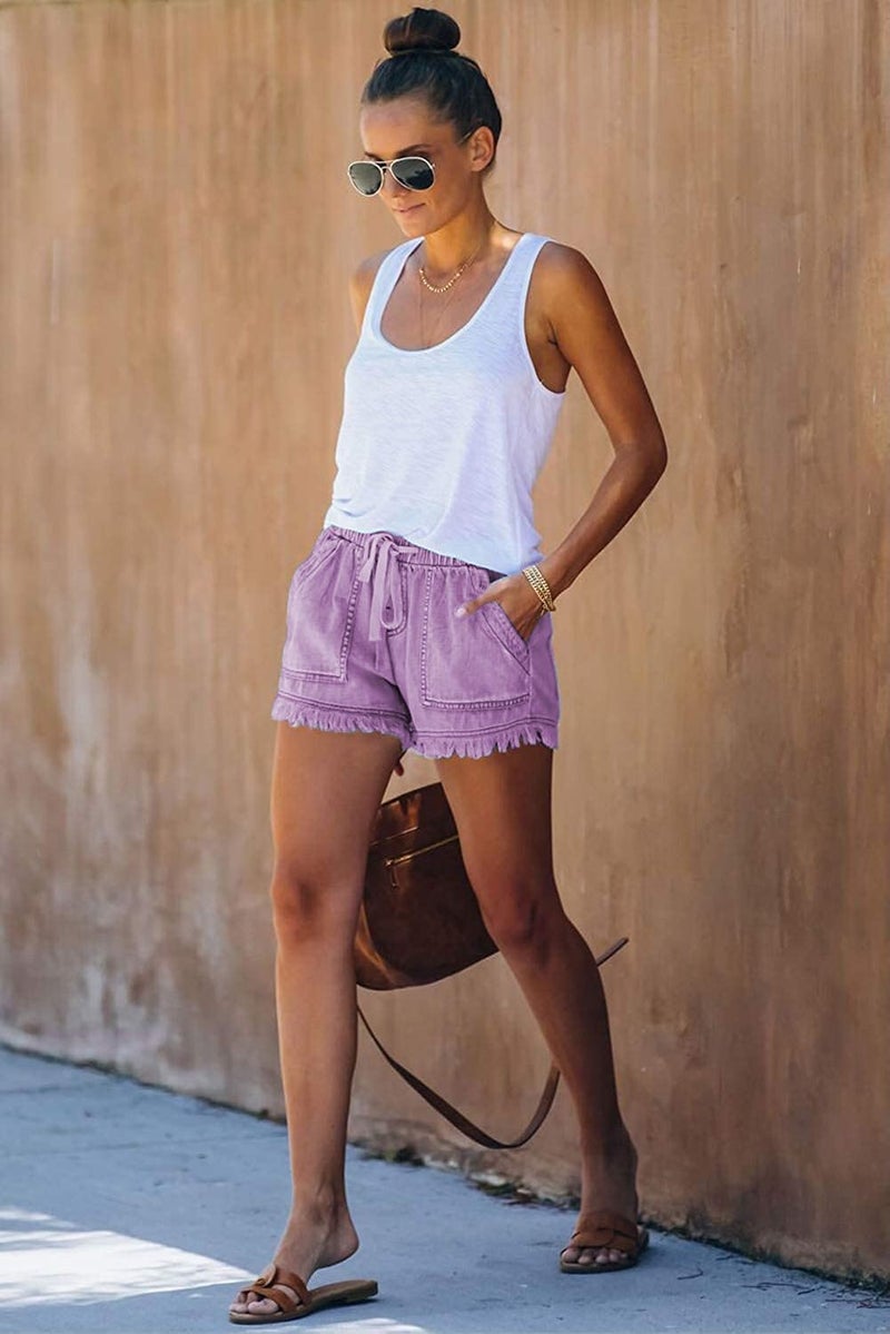 YOCUR Ladies Denim Shorts Cute Trendy Fringe Short Jeans Casual Vintage Hot Pants Loose Aesthetic Elastic Waist Denim Shorts Purple L - Image 4