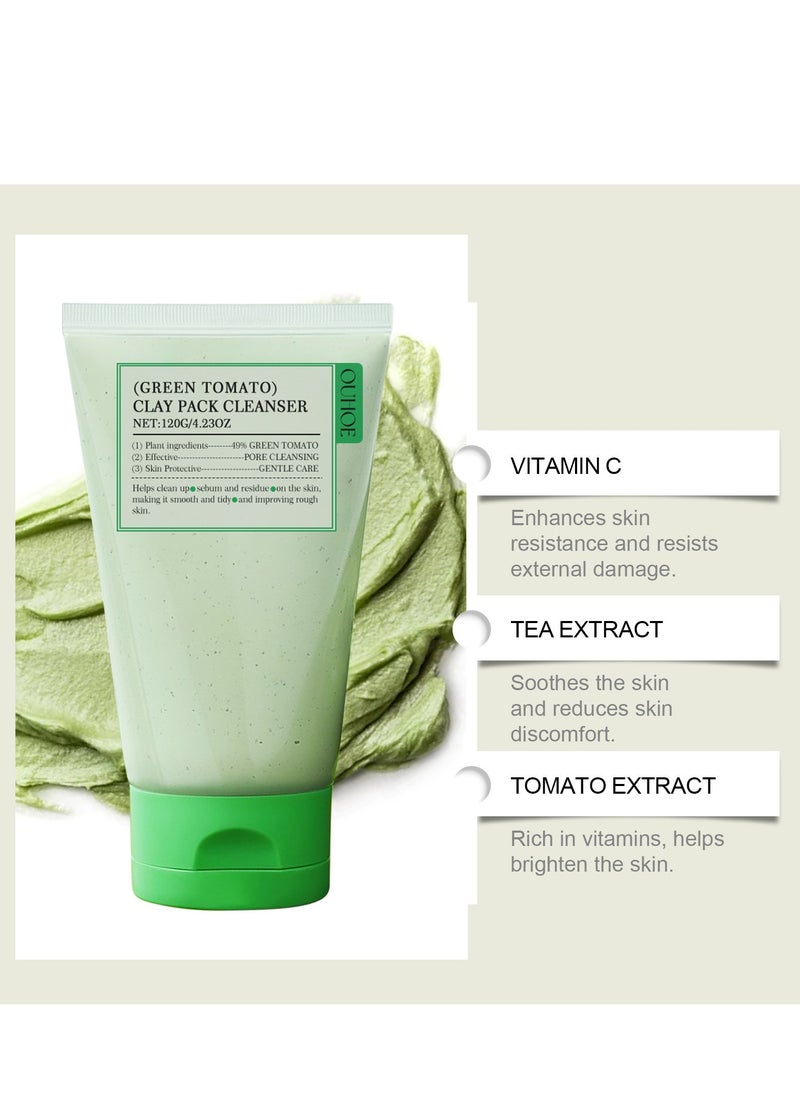 OUHOE - Green Tomato Clay Mask Cleanser Face Wash With Smudge stick, Pore Purifying with 49% Green Tomato Extract, Sebum & Clogged Pore Care, Exfoliation, Fragrance-Free, Vegan & Dermatologically Tested, 120g - Image 1