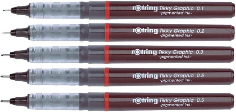 Rotring 0.1mm, 0.2mm, 0.3mm, 0.5mm, 0.8mm Line Thickness Tikky Graphic Fineliner with Black Pigmented Lightfast And Water Resistant Ink For Long Life Drawings, Sketching, Non-Refillable, 5 Pen Set - Image 1