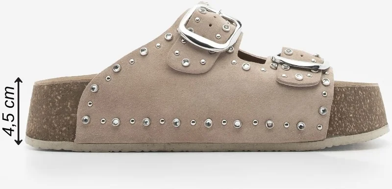مارجين Women's Leather Stoned Double Banded Cork High Sole Daily Slippers Tusila