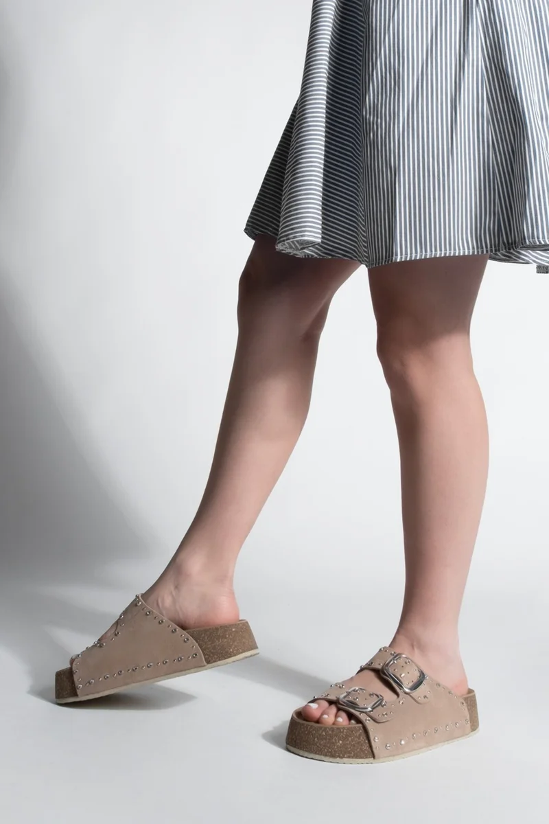 مارجين Women's Leather Stoned Double Banded Cork High Sole Daily Slippers Tusila