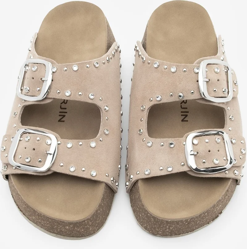 مارجين Women's Leather Stoned Double Banded Cork High Sole Daily Slippers Tusila