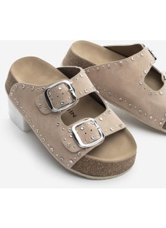 MARJIN Women's Leather Stoned Double Banded Cork High Sole Daily Slippers Tusila  - Image 1
