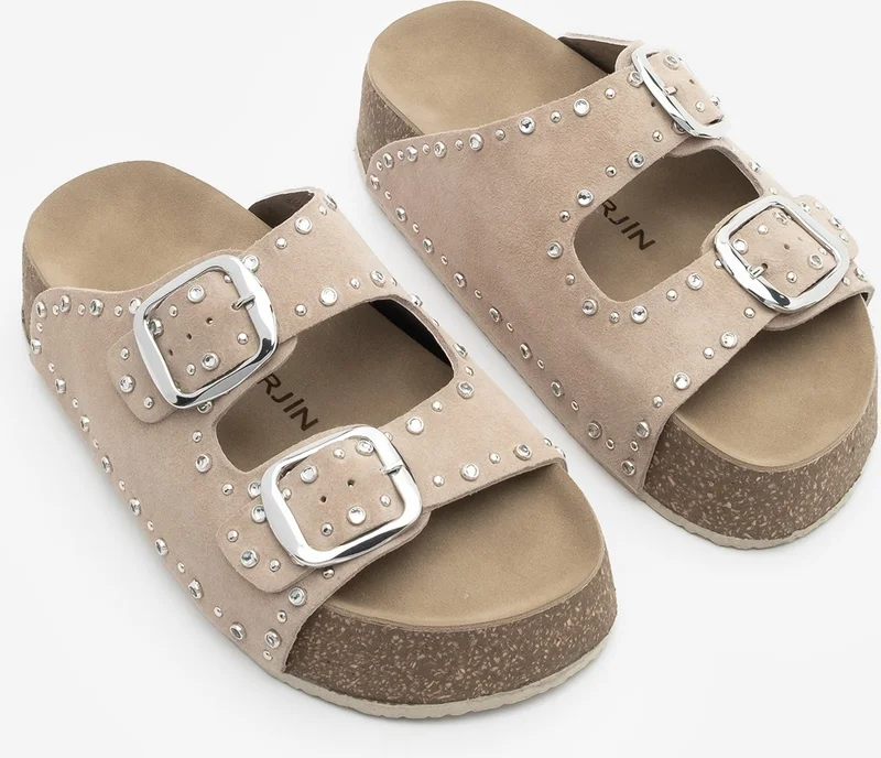 مارجين Women's Leather Stoned Double Banded Cork High Sole Daily Slippers Tusila