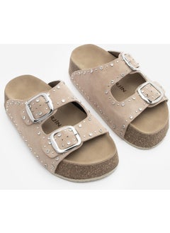 MARJIN Women's Leather Stoned Double Banded Cork High Sole Daily Slippers Tusila  - Image 3