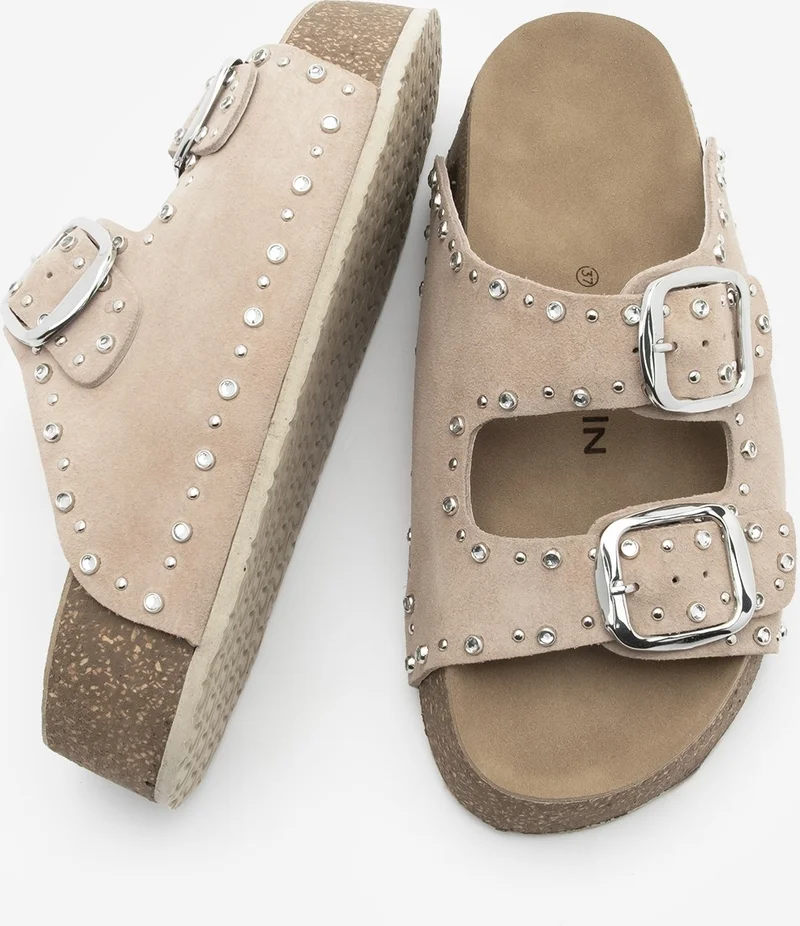 مارجين Women's Leather Stoned Double Banded Cork High Sole Daily Slippers Tusila