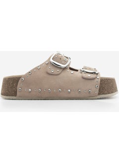 MARJIN Women's Leather Stoned Double Banded Cork High Sole Daily Slippers Tusila  - Image 2