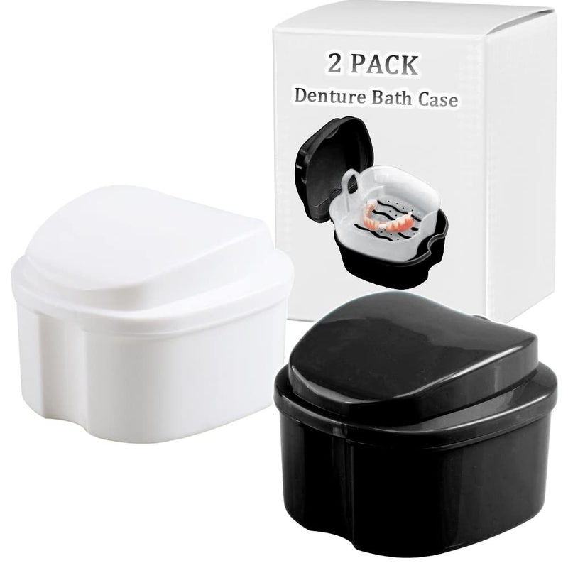 THINKPRICE Denture Bath Box Cup Container Case, Complete Clean Care for Dentures, Clear Braces, False Teeth, Mouth Guard, Night Guard & Retainers,Traveling (Black & White) - Image 1