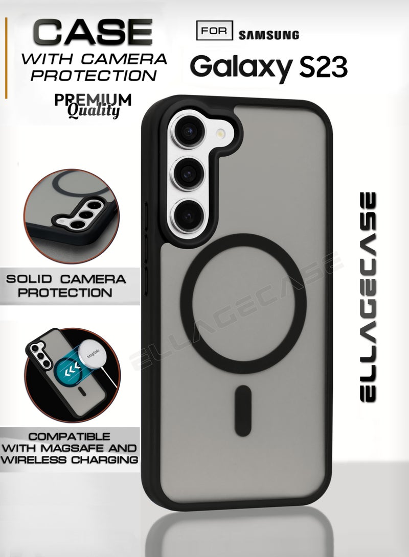 ELLAGECASE حافظة أنيقة سوداء لهاتف سامسونج جالكسي S23، حماية كاميرا قوية، مضادة للصدمات، حماية معززة، متوافقة مع شحن MagSafe والشحن اللاسلكي - Image 1