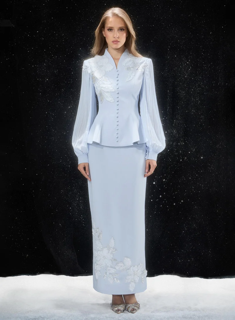 Sunfere Confident Sensation Blue Floral Embroidery Pleated Sleeve Skirt Set
