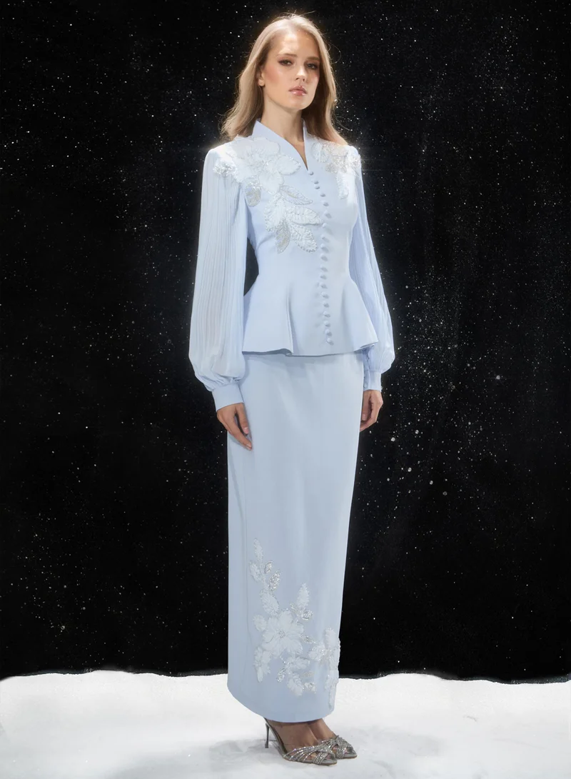 Sunfere Confident Sensation Blue Floral Embroidery Pleated Sleeve Skirt Set