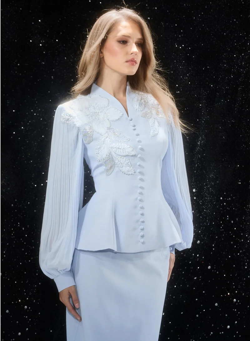Sunfere  Confident Sensation Blue Floral Embroidery Pleated Sleeve Skirt Set for Women | Best Price UAE