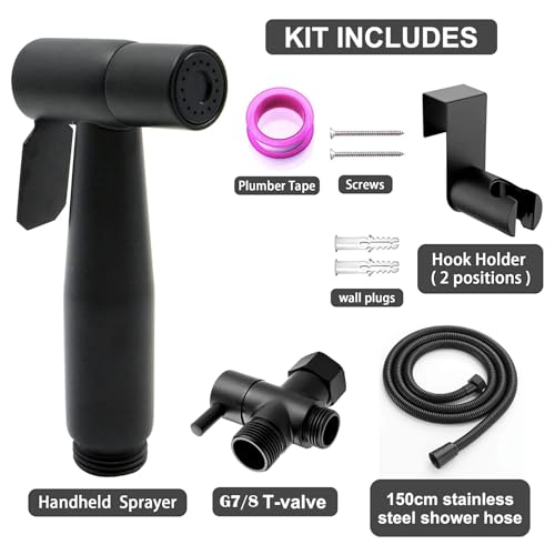 XPAPOV Handheld Bidet Sprayer Toilet Kit Stainless Steel Bidet Sprayer with 78 T Valve 15M Hose and Bracket Holder for Pet Wash Feminine Wash Others Wash Black - Image 3