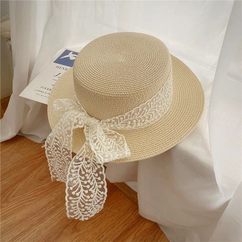 New French Flat Top Hat for Women - Large Size Beach Holiday Sun Hat with Wide Brim