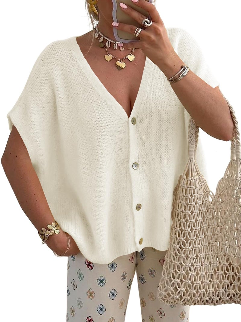 Saodimallsu Womens Spring Oversized Cardigans Batwing Short Sleeve Lightweight Button V Neck Casual Knit Sweater Tops White - Image 1