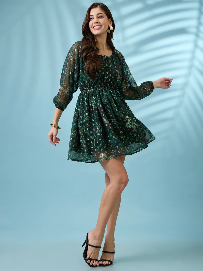 globus Women Green Reglan Sleeves Stylized Back Floral Printed Lurex Detail Fit & Flare Mini Georgette Party Dress