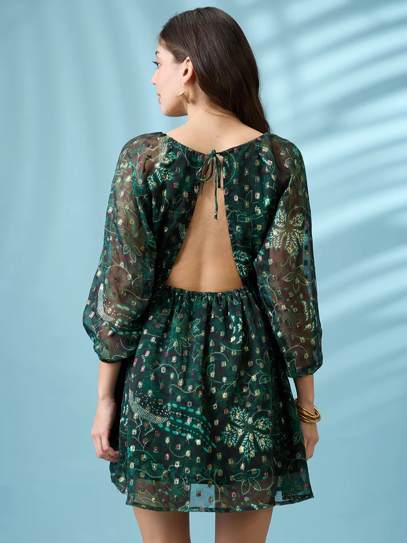 globus Women Green Reglan Sleeves Stylized Back Floral Printed Lurex Detail Fit & Flare Mini Georgette Party Dress