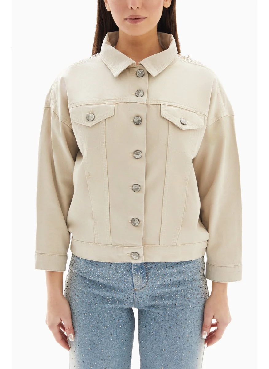 Wecre8 Beige Embroidered with Fringes Denim Jacket By WECRE8