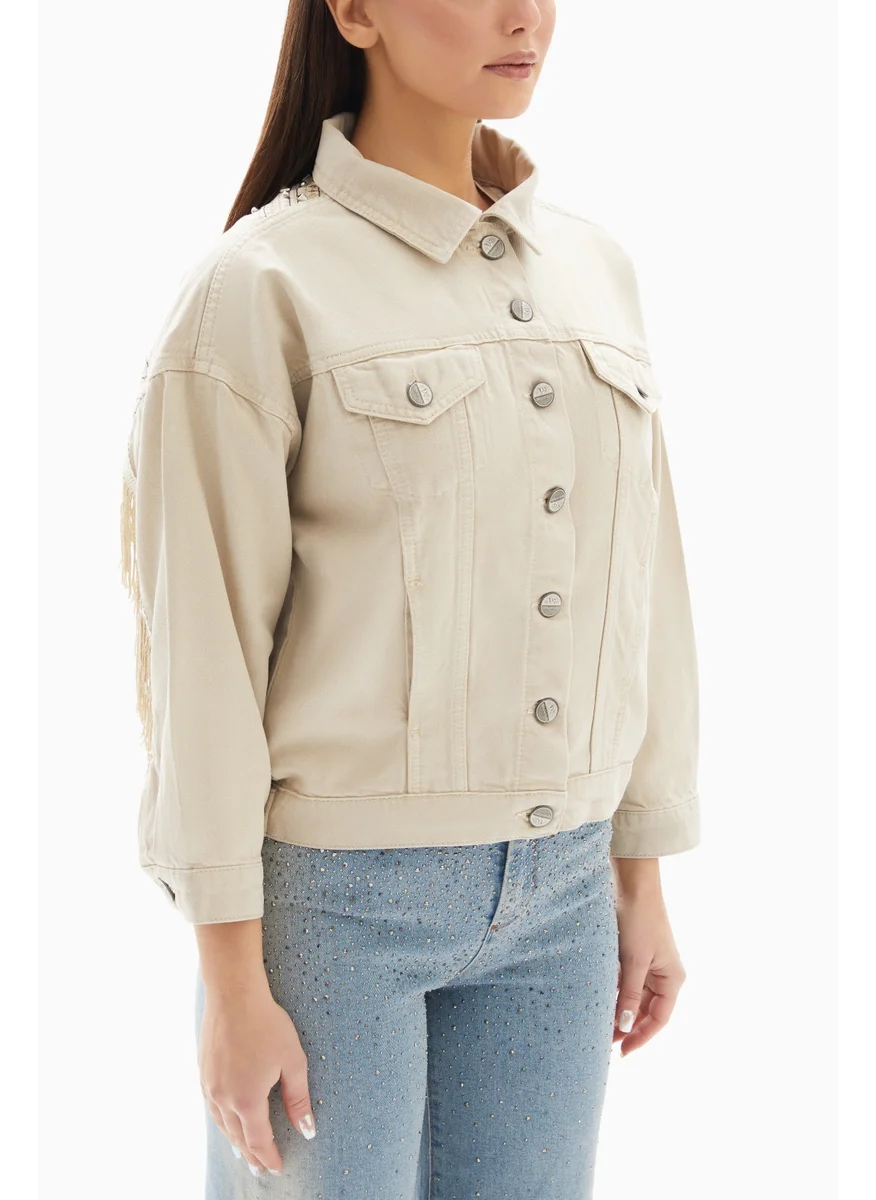 Wecre8 Beige Embroidered with Fringes Denim Jacket By WECRE8