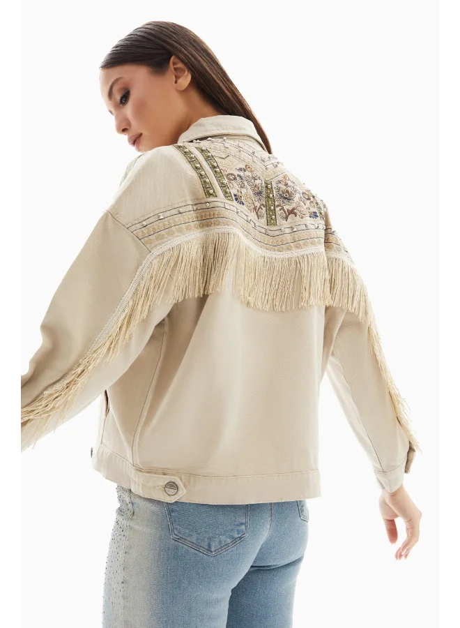 Wecre8 Beige Embroidered with Fringes Denim Jacket