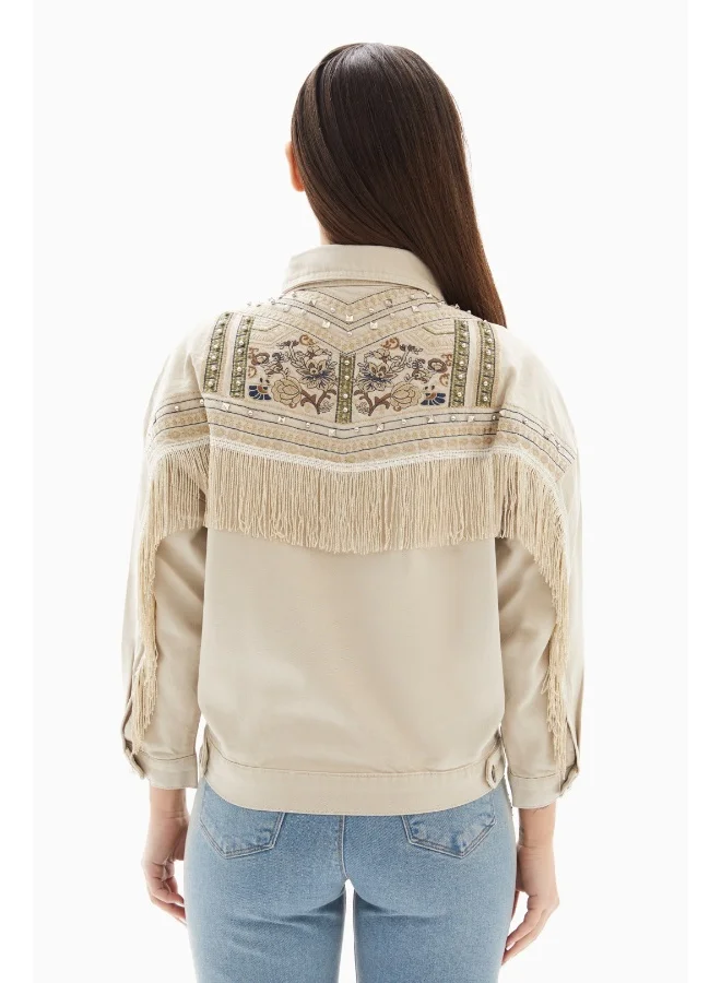 Wecre8 Beige Embroidered with Fringes Denim Jacket