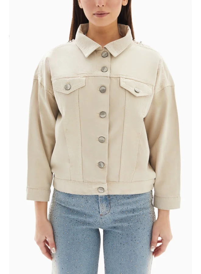 Wecre8 Beige Embroidered with Fringes Denim Jacket