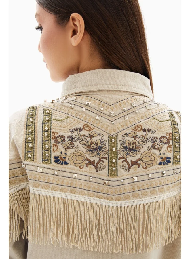 Wecre8 Beige Embroidered with Fringes Denim Jacket