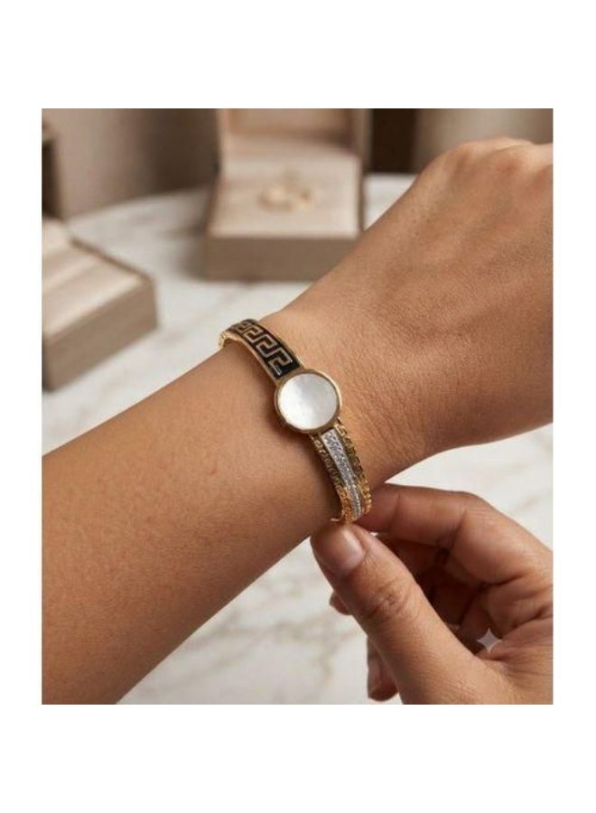 Stainless Steel Bangle Bracelet for Women, Gold-Tone with Geometric Pattern, Mother of Pearl & Zirconia Accents, Waterproof