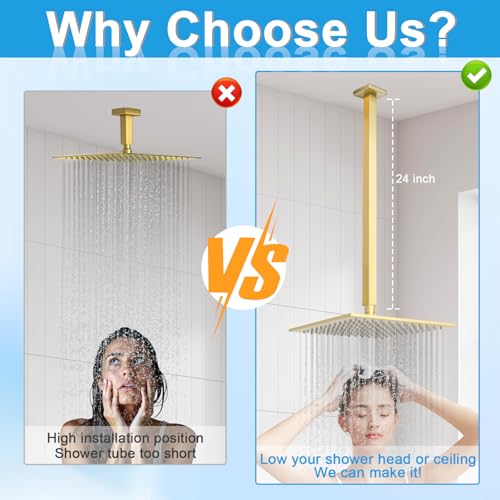 Drettyer Shower Arm with Flange 24 Inches Ceiling Mount Square Straight Extender Extension Pipe Replacement, Extra Long Shower Arm For Fixed Rain Shower Head or High Ceiling,Brushed Gold - Image 3