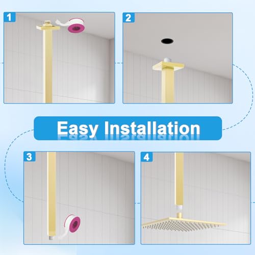 Drettyer Shower Arm with Flange 24 Inches Ceiling Mount Square Straight Extender Extension Pipe Replacement, Extra Long Shower Arm For Fixed Rain Shower Head or High Ceiling,Brushed Gold - Image 4