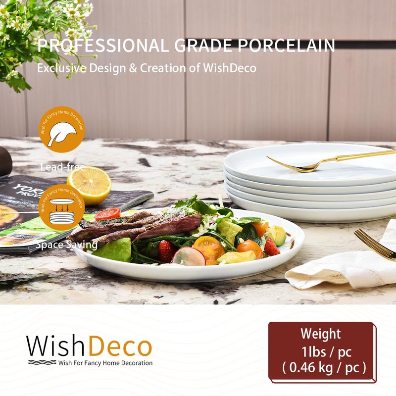 WishDeco White Dinner Plates Set of 6, Porcelain Salad Plates 9 Inch, Modern Kitchen Plate, Round Serving Dishes, Microwave and Dishwasher Safe, Scratch Resistant, Smooth Glaze - Image 4