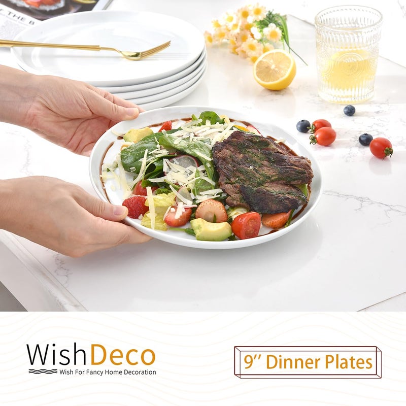 WishDeco White Dinner Plates Set of 6, Porcelain Salad Plates 9 Inch, Modern Kitchen Plate, Round Serving Dishes, Microwave and Dishwasher Safe, Scratch Resistant, Smooth Glaze - Image 2