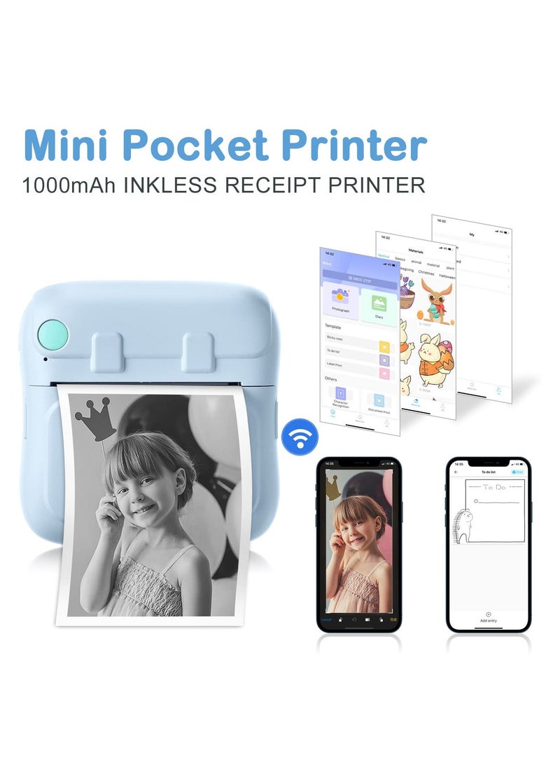 Portable Mini Printer, Mini Thermal Printer Bluetooth Photo Printer Inkless Pocket Printer with 7 Rolls of Paper for Picture/Label/Memo/Receipt (Blue) - Image 2