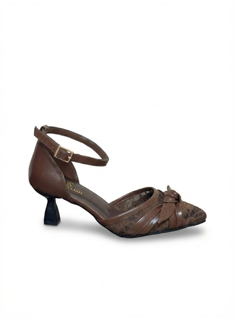 لايف ستيلاش  أحذية كعب متوسط دانتيل مع فيونكه F-612 - بني - Image 3