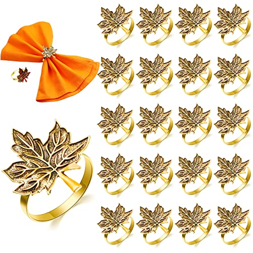 Mimorou Set of 20 Thanksgiving Fall Napkin Rings Round Napkin Holders Maple Leaf Napkins Gold Fall Table Decorations for Dining Table Wedding Birthday Party Family Gatherings - Image 1