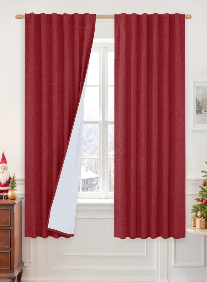 LAMIT 100% Blackout Red Linen Curtains, 63 Inches Linen Textured Thermal Bedroom Drapes Back Tab and Rod Pocket Neutral Panels with White Liner for Livingr Room, 2 Panels, 52 x 63 Inch - Image 1