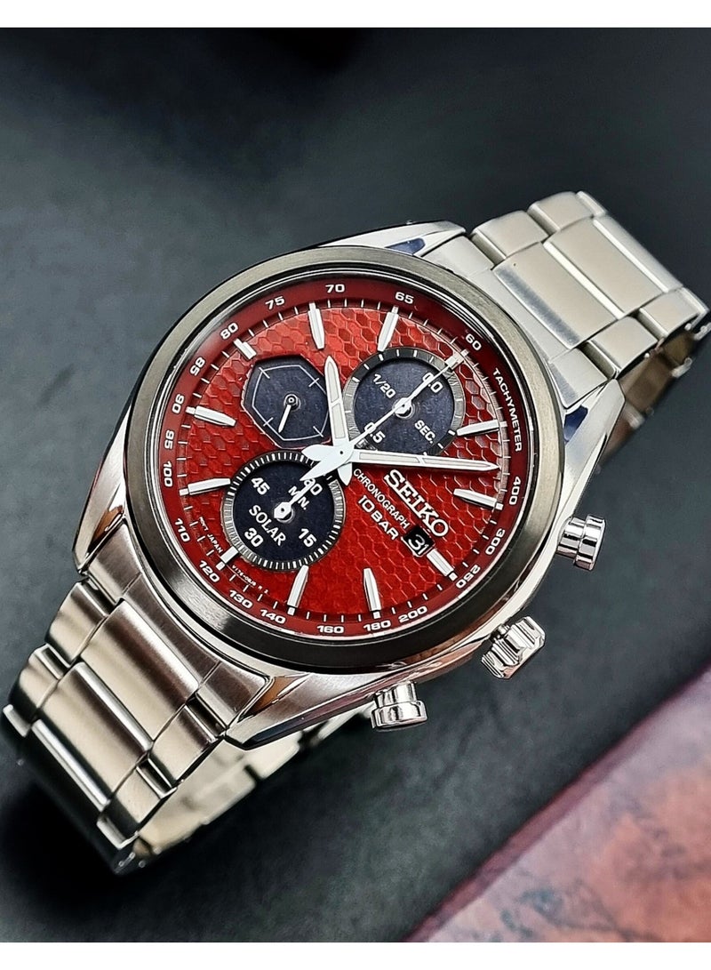 Seiko Macchina Sportiva Solar Chronograph Watch SSC771P1, 41.4 mm Red Dial, Stainless Steel Case & Bracelet, 100 m WR - Image 5